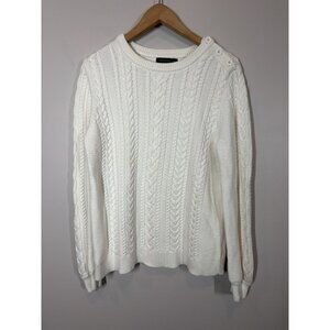 Banana Republic White Cable Knit Sweater Size L Button Shoulder Classic Cozy